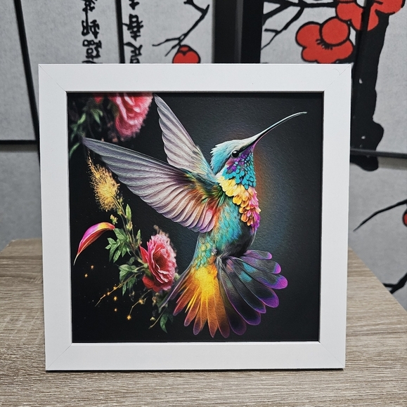 Hummingbird Framed 8x8 Watercolor Oil Painting‎ Art Print - Picture 1 of 7